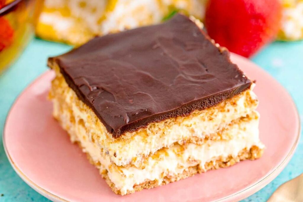 Chocolate eclair cake on a plate.