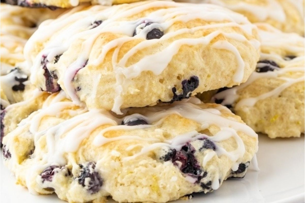 A stack of bisquick blueberry biscuits.