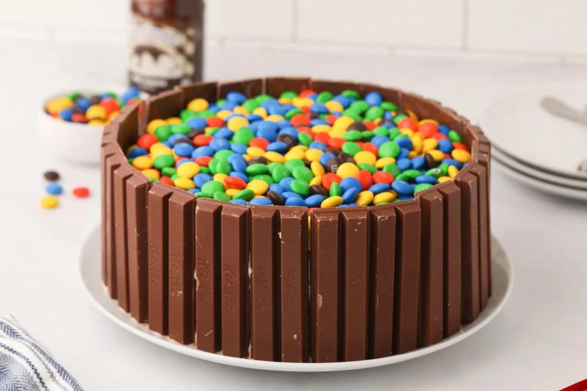 Chocolate bar cake adorned with colorful candy and ice cream recipes on a white plate.