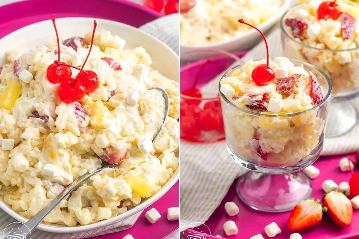 Bowls of fruit salad garnished with cherries, perfect for church potluck desserts, on a pink background.