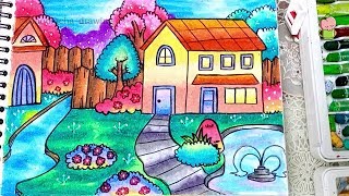 Cara Menggambar Dan Mewarnai Pemandangan Rumah Dan Gunung - Gradasi Warna Oil Pastel Untuk Pemula 180_X_320_jpg