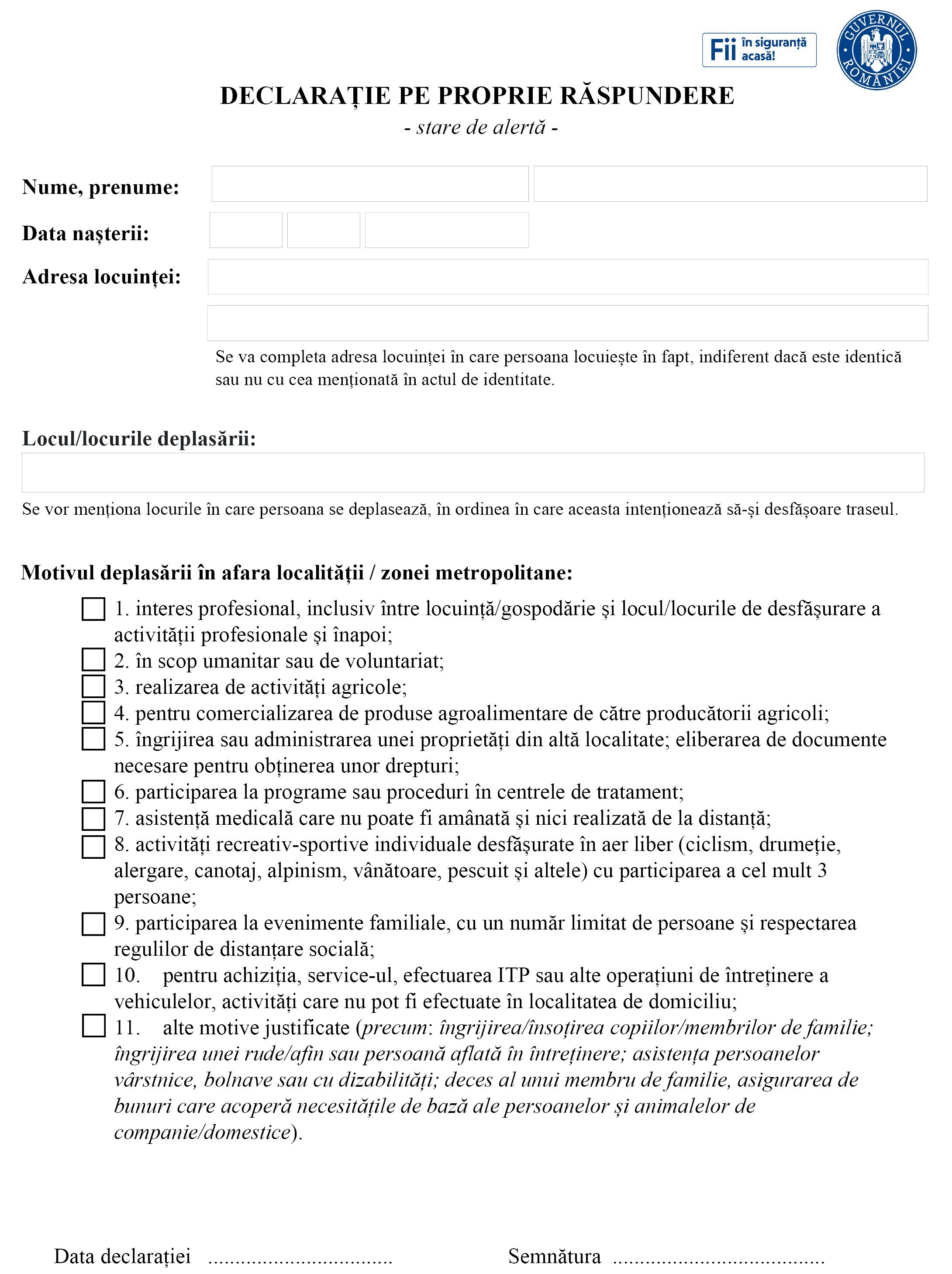 Update Document DescarcÄ Noua DeclaraÈie Pe Propria RÄspundere Pentru IeÈirea Din Localitate