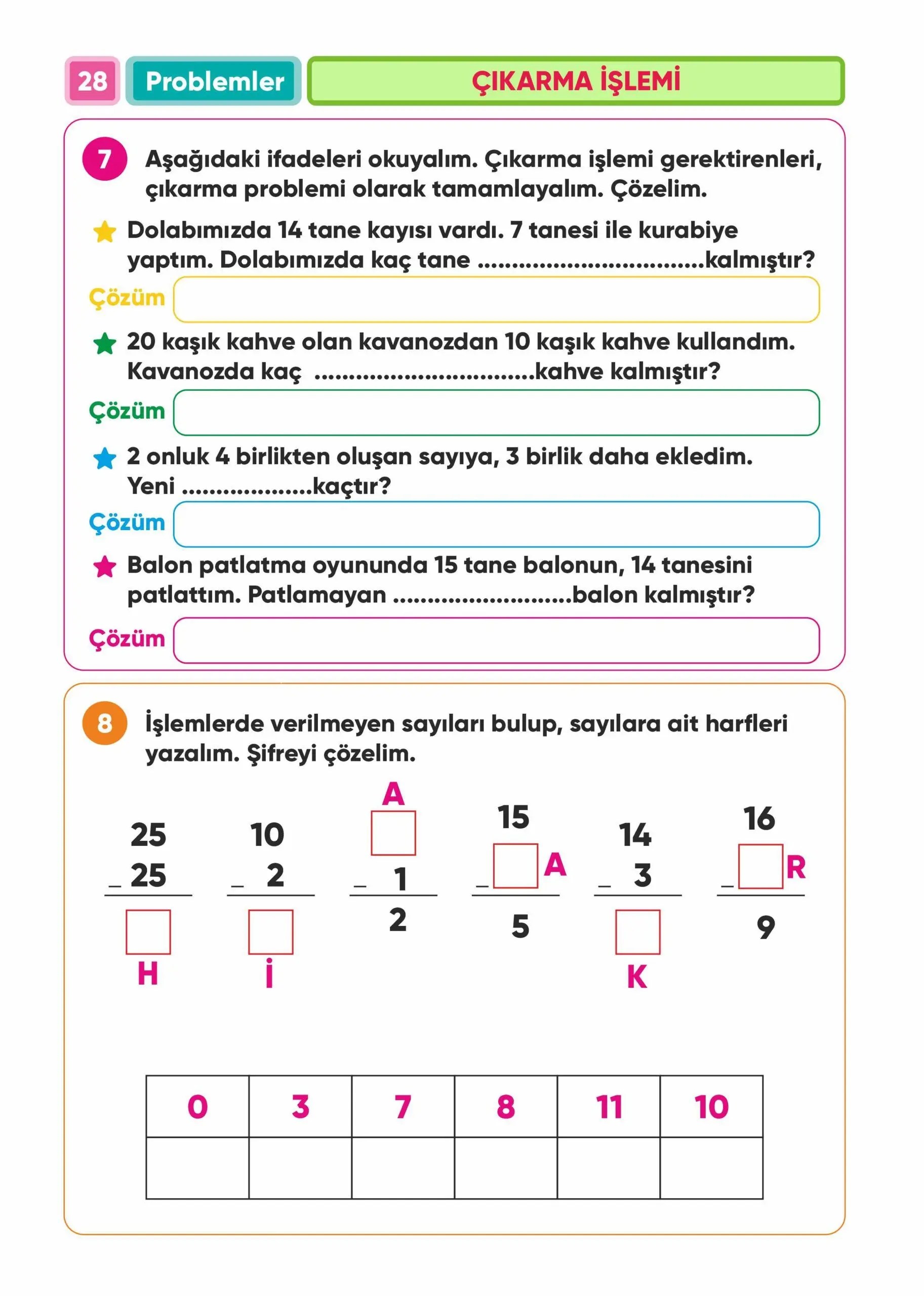Çıkarma problemleri 1 sınıf