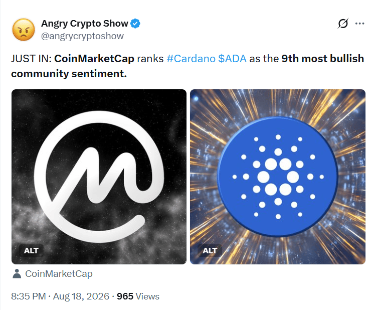 Cardano se classe parmi les 10 meilleures communautés cryptographiques haussières : ADA peut-elle exploiter 1 $ en 2026 ? ⋆ ZyCrypto Cardano se classe parmi les 10 meilleures communautés cryptographiques haussières : ADA peut-elle exploiter 1 $ en 2026 ? ⋆ ZyCrypto